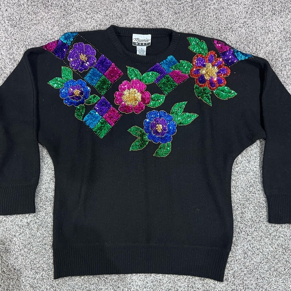 Vintage Marnie West Black Sequin Beaded Full Sleeve Wool Rabbit Hair Sweater M